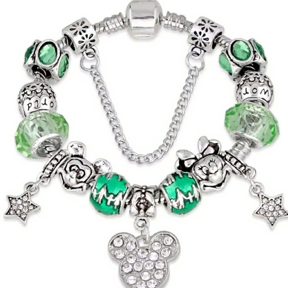 Green and Silver Mickey and Minnie Charm Bracelet